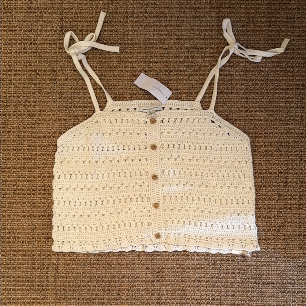 American Eagle Outfitters Cream Crochet Tank Top Small